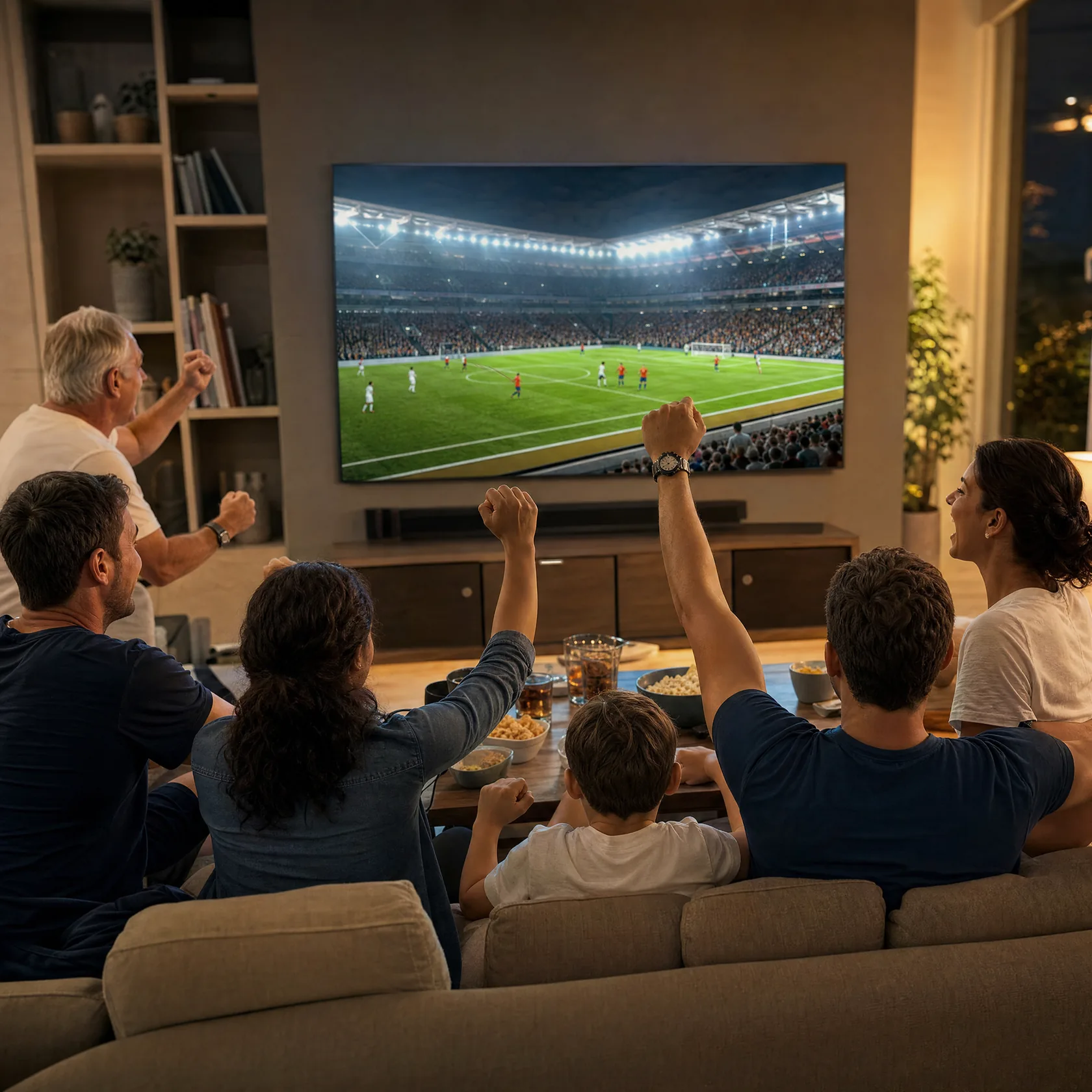 Famille et amis regardant un match de football en direct sur une grande Smart TV 4K